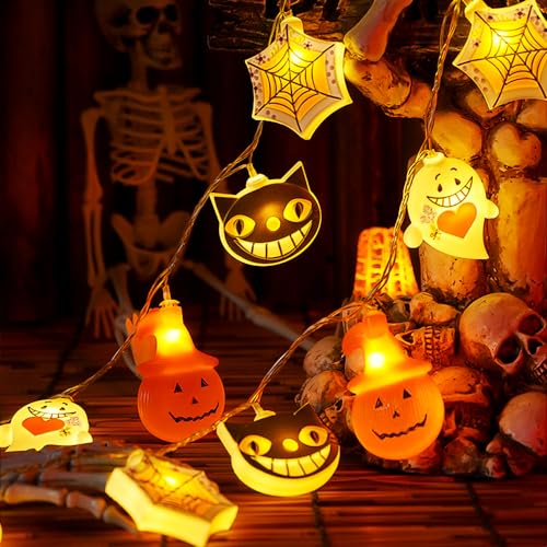 Halloween Ghost, Pumpkin, Spiderweb, Cat, String Lights