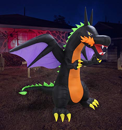 8-Foot Lighted Halloween Inflatable Fire Dragon with Wings