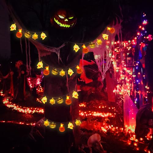 Halloween Ghost, Pumpkin, Spiderweb, Cat, String Lights