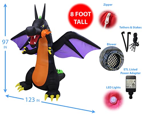 8-Foot Lighted Halloween Inflatable Fire Dragon with Wings