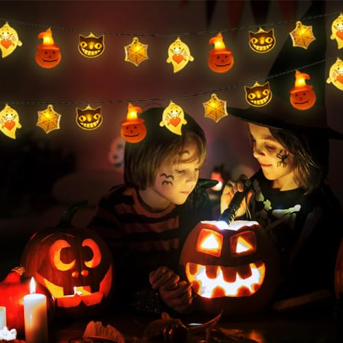 Halloween Ghost, Pumpkin, Spiderweb, Cat, String Lights