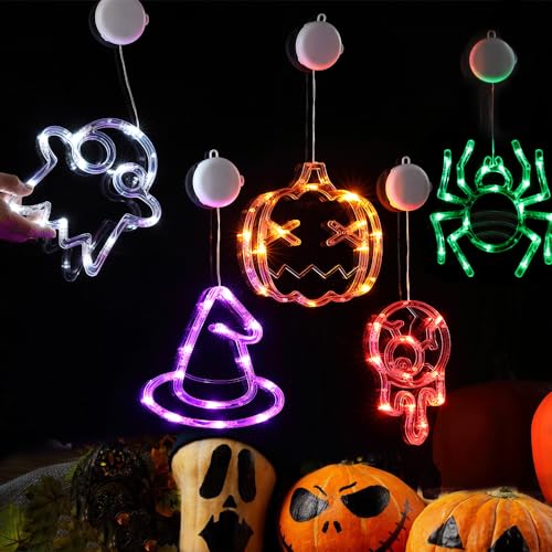 5Pack Halloween LED Window Lights - Pumpkin Spider Witch Hat Ghost Eyeball
