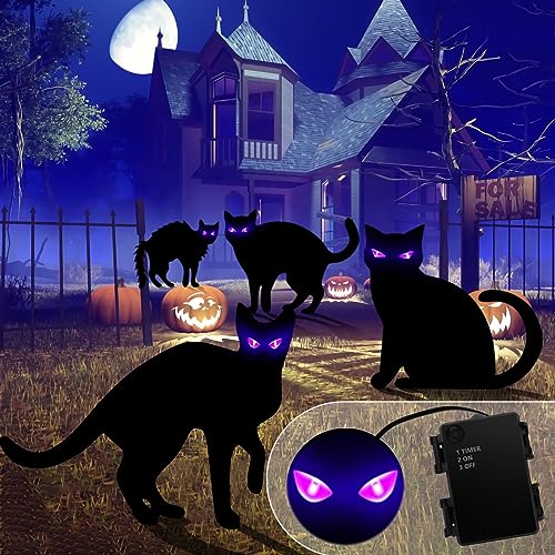 Halloween Yard Signs with Lights, 4 PCS Black Cats Outdoor Decorations, Trick or Treat Yard with Stakes, Corrugate Waterproof Halloween Thickened Themed Lawn Decorating for Pathway, Garden, Outside