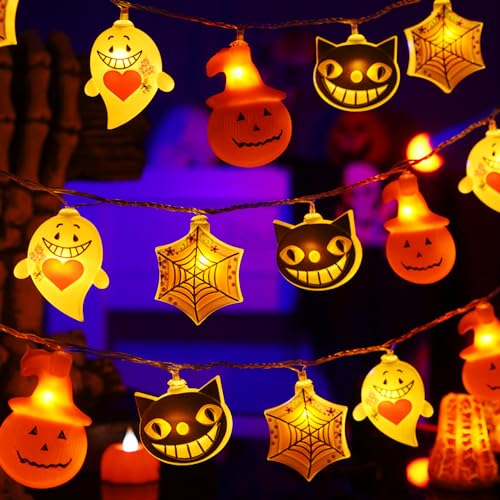 Halloween Ghost, Pumpkin, Spiderweb, Cat, String Lights