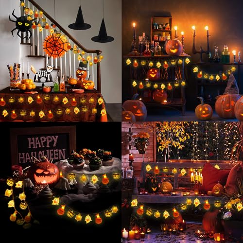 Halloween Ghost, Pumpkin, Spiderweb, Cat, String Lights