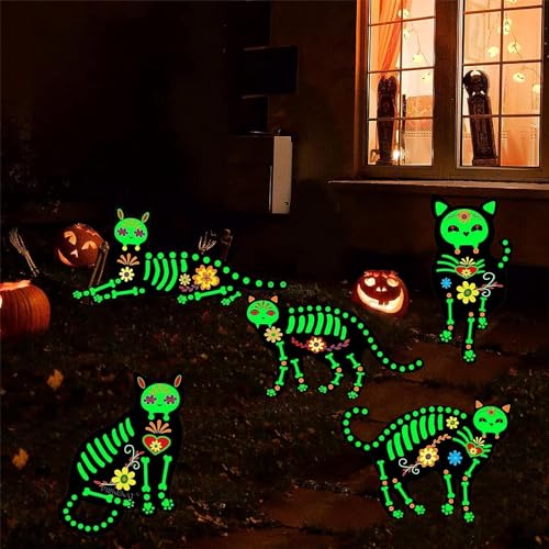 PISKEKAT Halloween Decorations Outdoor Yard Signs, 5 Pcs Glow in The Dark Skeleton Cat, Halloween Yard Signs with Stakes for Lawn Garden Front Yard Decorations - Halloween Decor Outside