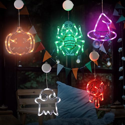 5Pack Halloween LED Window Lights - Pumpkin Spider Witch Hat Ghost Eyeball
