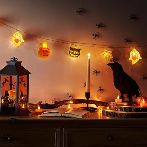 Halloween Ghost, Pumpkin, Spiderweb, Cat, String Lights