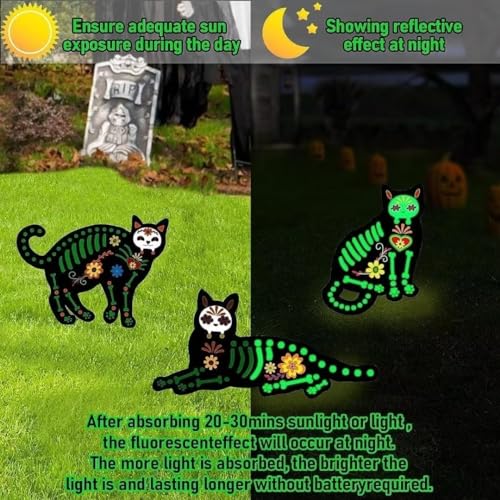 PISKEKAT Halloween Decorations Outdoor Yard Signs, 5 Pcs Glow in The Dark Skeleton Cat, Halloween Yard Signs with Stakes for Lawn Garden Front Yard Decorations - Halloween Decor Outside