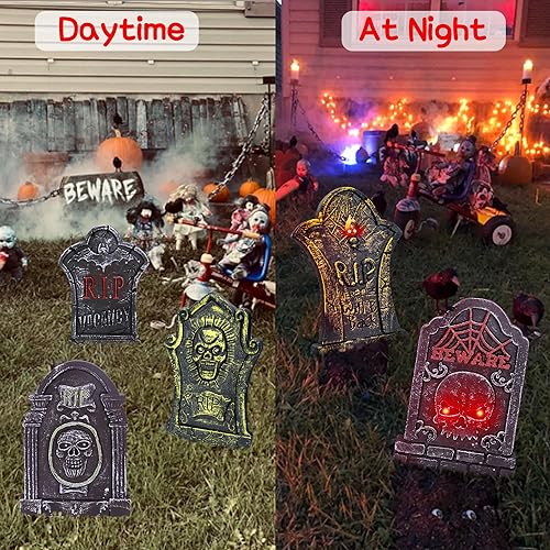 17”Rip Tombstones Halloween Decorations Outdoor (5 Pack) with LED Light Up Headstones for Graves Scary Gravestones Halloween Yard Signs Vintage Glow in The Dark Cemetery Lawn Graveyard Decor Outside