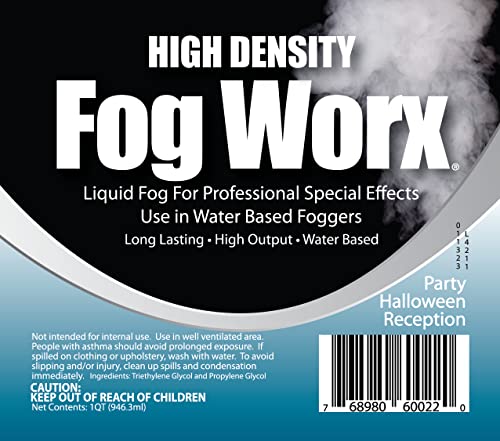 FogWorx Extreme High Density Fog Juice - Long Lasting, High Output, Odorless Water Based Fog Machine Fluid - 1 Quart, 32 Ounces for 400 Watt to 1500 Watt Machines