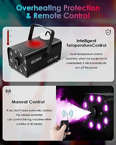 Fog Machine, 500W Smoke Machine with 16 Color Controllable Lights Effect, Automatic Fog Machine Outdoor with Wireless and Wired Remote Control for Christmas Halloween Parties & Stage