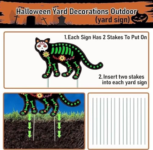 PISKEKAT Halloween Decorations Outdoor Yard Signs, 5 Pcs Glow in The Dark Skeleton Cat, Halloween Yard Signs with Stakes for Lawn Garden Front Yard Decorations - Halloween Decor Outside