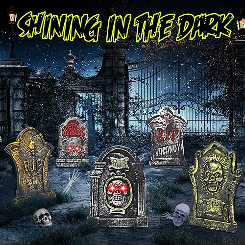 17”Rip Tombstones Halloween Decorations Outdoor (5 Pack) with LED Light Up Headstones for Graves Scary Gravestones Halloween Yard Signs Vintage Glow in The Dark Cemetery Lawn Graveyard Decor Outside