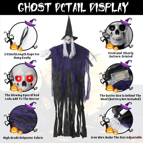 3 Pack Outdoor Halloween Decorations, Hanging Halloween Skeleton Ghosts Decorations with Glowing Eyes, Grim Reapers Halloween Decor for Halloween Outdoor Decorations for Porch Yard Garden Tree