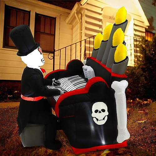6FT Halloween Skeleton Inflatable with Piano & LED Lights