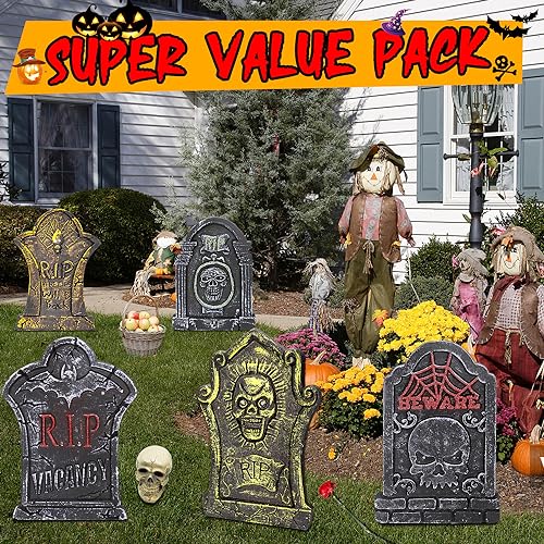 17”Rip Tombstones Halloween Decorations Outdoor (5 Pack) with LED Light Up Headstones for Graves Scary Gravestones Halloween Yard Signs Vintage Glow in The Dark Cemetery Lawn Graveyard Decor Outside