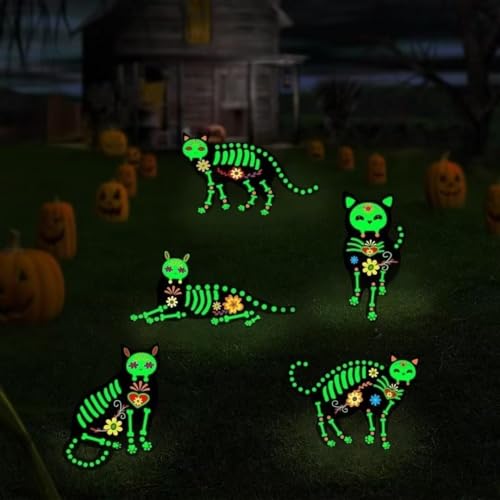 PISKEKAT Halloween Decorations Outdoor Yard Signs, 5 Pcs Glow in The Dark Skeleton Cat, Halloween Yard Signs with Stakes for Lawn Garden Front Yard Decorations - Halloween Decor Outside