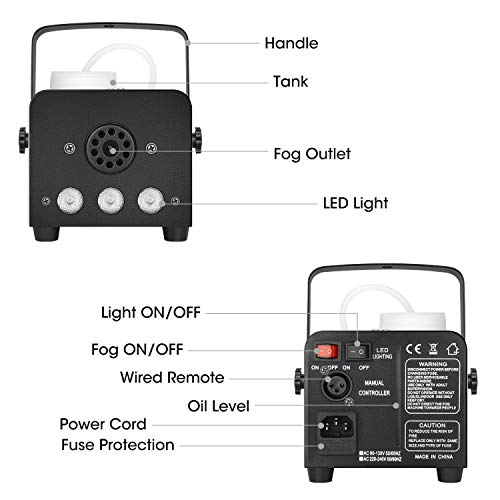 Fog Machine with Lights - 3 Stage LED Lights with 12 Colors & Strobe Effect for Party Wedding Holiday Christmas - Fansteck 500W Upgraded Remote Portable Smoke Machine