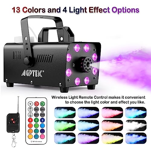 AGPTEK Smoke Machine, Fog Machine with 13 Colorful LED Lights Effect, 500W and 2000CFM Fog with 1 Wired Receiver and 2 Wireless Remote Controls, Perfect for Wedding, Halloween, Party and Stage Effect