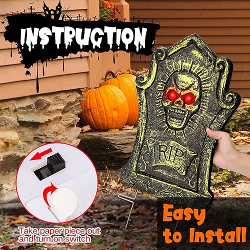 17”Rip Tombstones Halloween Decorations Outdoor (5 Pack) with LED Light Up Headstones for Graves Scary Gravestones Halloween Yard Signs Vintage Glow in The Dark Cemetery Lawn Graveyard Decor Outside