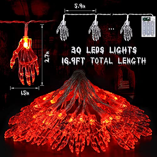 Skeleton Hand String Lights - Halloween Decor (Red)