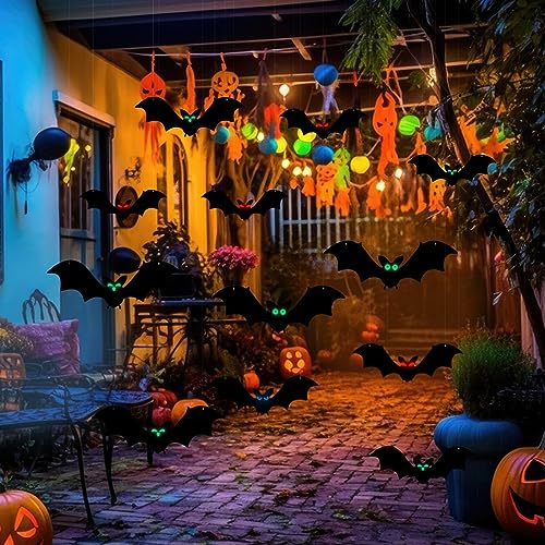 Hanging Bats Halloween Decorations Outdoor, 12 Pcs Large Flying Plastic Bats 3 Different Size with Glowing Eye Stickers for Hanging in Tree, Front Door, Yard, Porch, Lawn, Indoor