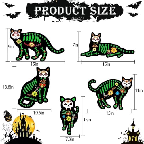PISKEKAT Halloween Decorations Outdoor Yard Signs, 5 Pcs Glow in The Dark Skeleton Cat, Halloween Yard Signs with Stakes for Lawn Garden Front Yard Decorations - Halloween Decor Outside