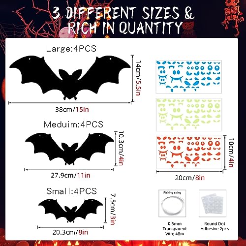 Hanging Bats Halloween Decorations Outdoor, 12 Pcs Large Flying Plastic Bats 3 Different Size with Glowing Eye Stickers for Hanging in Tree, Front Door, Yard, Porch, Lawn, Indoor