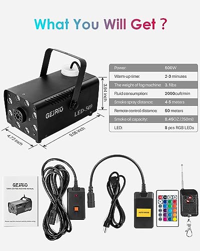 Fog Machine, 500W Smoke Machine with 16 Color Controllable Lights Effect, Automatic Fog Machine Outdoor with Wireless and Wired Remote Control for Christmas Halloween Parties & Stage