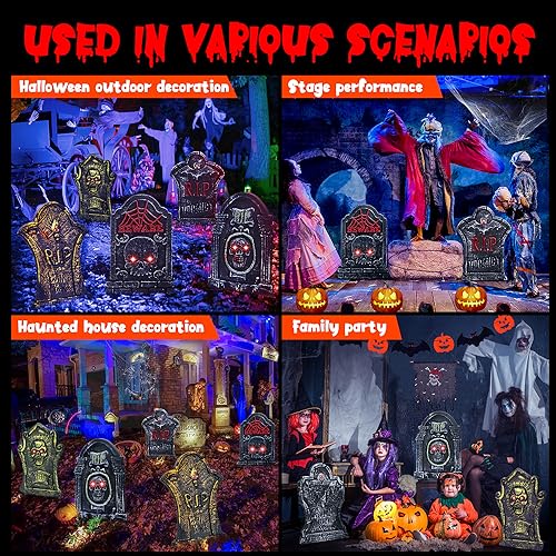 17”Rip Tombstones Halloween Decorations Outdoor (5 Pack) with LED Light Up Headstones for Graves Scary Gravestones Halloween Yard Signs Vintage Glow in The Dark Cemetery Lawn Graveyard Decor Outside