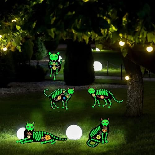 PISKEKAT Halloween Decorations Outdoor Yard Signs, 5 Pcs Glow in The Dark Skeleton Cat, Halloween Yard Signs with Stakes for Lawn Garden Front Yard Decorations - Halloween Decor Outside