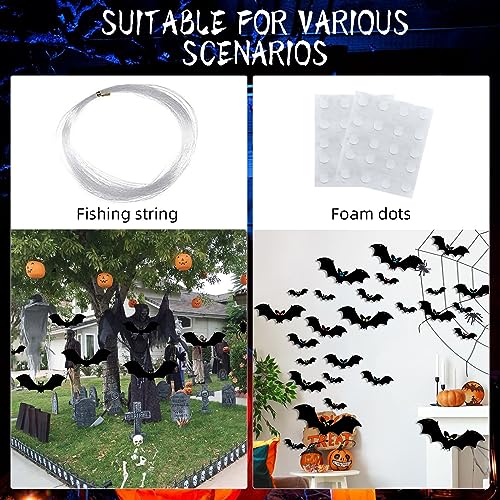 Hanging Bats Halloween Decorations Outdoor, 12 Pcs Large Flying Plastic Bats 3 Different Size with Glowing Eye Stickers for Hanging in Tree, Front Door, Yard, Porch, Lawn, Indoor