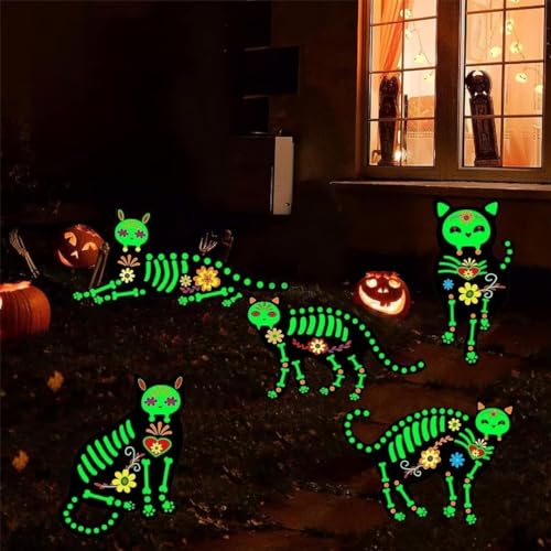 PISKEKAT Halloween Decorations Outdoor Yard Signs, 5 Pcs Glow in The Dark Skeleton Cat, Halloween Yard Signs with Stakes for Lawn Garden Front Yard Decorations - Halloween Decor Outside