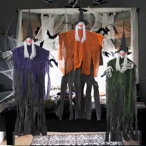 3 Pack Outdoor Halloween Decorations, Hanging Halloween Skeleton Ghosts Decorations with Glowing Eyes, Grim Reapers Halloween Decor for Halloween Outdoor Decorations for Porch Yard Garden Tree