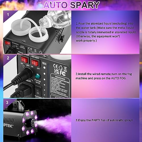 AGPTEK Smoke Machine, Fog Machine with 13 Colorful LED Lights Effect, 500W and 2000CFM Fog with 1 Wired Receiver and 2 Wireless Remote Controls, Perfect for Wedding, Halloween, Party and Stage Effect