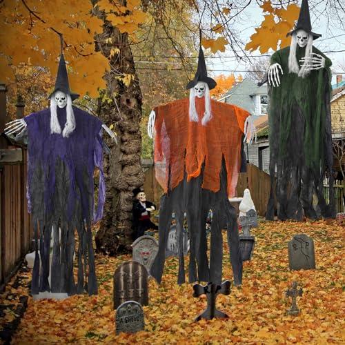 3 Pack Outdoor Halloween Decorations, Hanging Halloween Skeleton Ghosts Decorations with Glowing Eyes, Grim Reapers Halloween Decor for Halloween Outdoor Decorations for Porch Yard Garden Tree