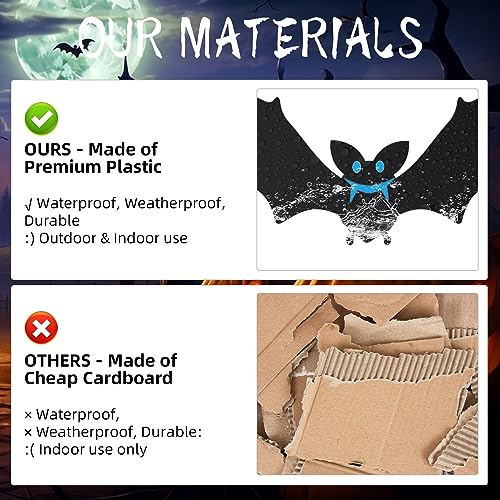 Hanging Bats Halloween Decorations Outdoor, 12 Pcs Large Flying Plastic Bats 3 Different Size with Glowing Eye Stickers for Hanging in Tree, Front Door, Yard, Porch, Lawn, Indoor