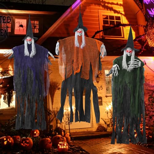 3 Pack Outdoor Halloween Decorations, Hanging Halloween Skeleton Ghosts Decorations with Glowing Eyes, Grim Reapers Halloween Decor for Halloween Outdoor Decorations for Porch Yard Garden Tree