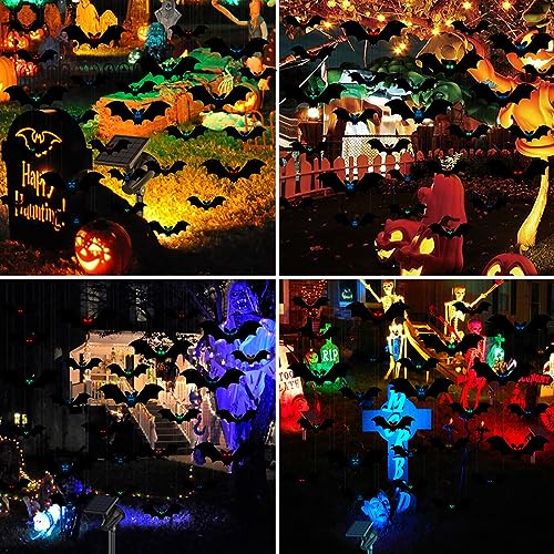 Hanging Bats Halloween Decorations Outdoor, 12 Pcs Large Flying Plastic Bats 3 Different Size with Glowing Eye Stickers for Hanging in Tree, Front Door, Yard, Porch, Lawn, Indoor