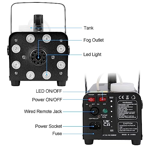 AGPTEK Smoke Machine, Fog Machine with 13 Colorful LED Lights Effect, 500W and 2000CFM Fog with 1 Wired Receiver and 2 Wireless Remote Controls, Perfect for Wedding, Halloween, Party and Stage Effect