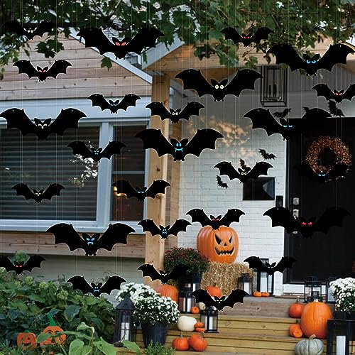 Hanging Bats Halloween Decorations Outdoor, 12 Pcs Large Flying Plastic Bats 3 Different Size with Glowing Eye Stickers for Hanging in Tree, Front Door, Yard, Porch, Lawn, Indoor