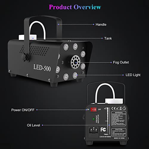 Upgraded Halloween Fog Machine with LED Lights - Smoke Machine with Colorful Strobe Effect, Wireless Remote Control, Continuous Fog for Wedding, Halloween, Christmas, Party and Stage Effect
