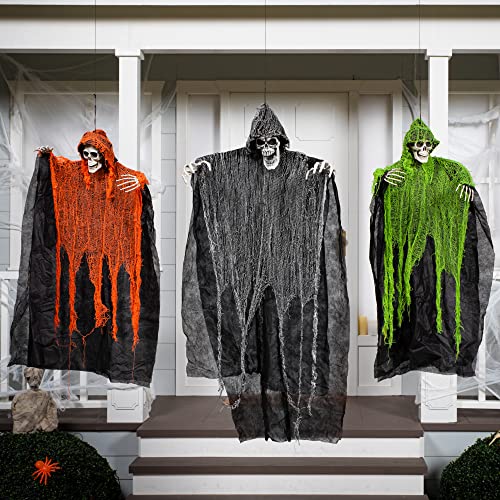 JOYIN Halloween Hanging Grim Reapers (3 Pack), One 47” and Two 35” Halloween Grim Reapers, Halloween Skeleton Flying Ghost for Haunted House Prop Décor, Halloween Outdoor Indoor Decor