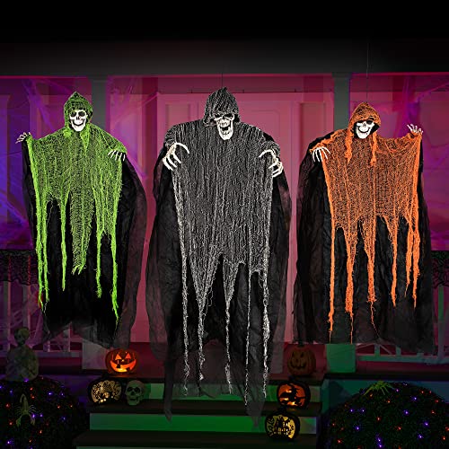 JOYIN Halloween Hanging Grim Reapers (3 Pack), One 47” and Two 35” Halloween Grim Reapers, Halloween Skeleton Flying Ghost for Haunted House Prop Décor, Halloween Outdoor Indoor Decor