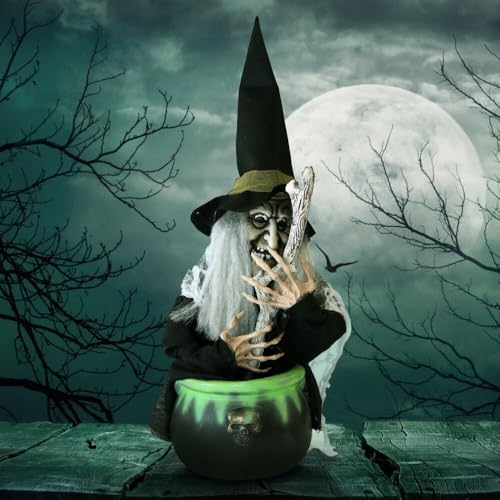 Scary Talking Witch with Cauldron, Halloween Decoration