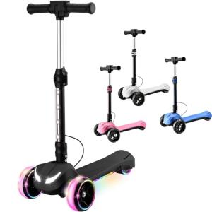 3 Wheel Electric Scooter for Kids Ages 3-12, LCD Screen, Bluetooth Music, LED Light Wheels, Thumb Throttle, 3 Adjustable Heights, 5MPH Speed, Lightweight, Foldable Kids Electric Scooter for Boys Girls