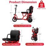 3-Wheel Folding Electric Scooter Lightweight Foldable Mobility Scooter for Adults & Seniors, Detachable Lithium Battery, Long Range 20 Miles, 4-Speed, with Rearview Mirror & Turn Signal (Premium Red)