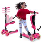 Hurtle Kids Scooter - Child Toddler Kick Scooter Toy with Foldable Seat - 3 Wheel Scooter with Adjustable Height, Anti-Slip Deck, Flashing Wheel Lights, for Boys/Girls 1-12 Year Old, Pink