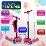 Hurtle Kids Scooter - Child Toddler Kick Scooter Toy with Foldable Seat - 3 Wheel Scooter with Adjustable Height, Anti-Slip Deck, Flashing Wheel Lights, for Boys/Girls 1-12 Year Old, Pink